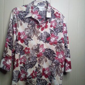Allison Daley Blouse 16 Button Up 3/4 Sleeve Textured Floral Brown Red